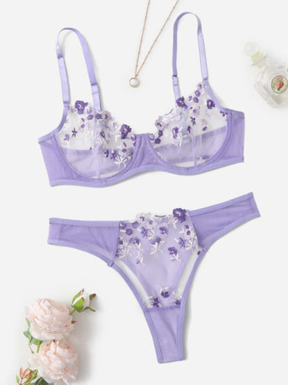 Lingerie Set- Sheer Embroidered Lace Bra and Thong Set for Intimate Love Celebrations- Purple- Pekosa Women Clothing