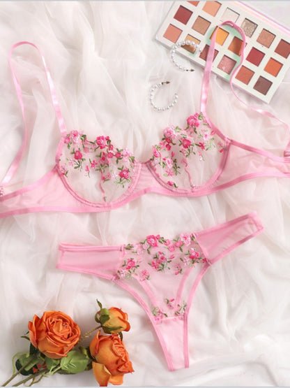 Lingerie Set- Sheer Embroidered Lace Bra and Thong Set for Intimate Love Celebrations- Pink- Pekosa Women Clothing