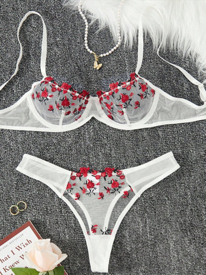 Lingerie Set- Sheer Embroidered Lace Bra and Thong Set for Intimate Love Celebrations- White- Pekosa Women Clothing