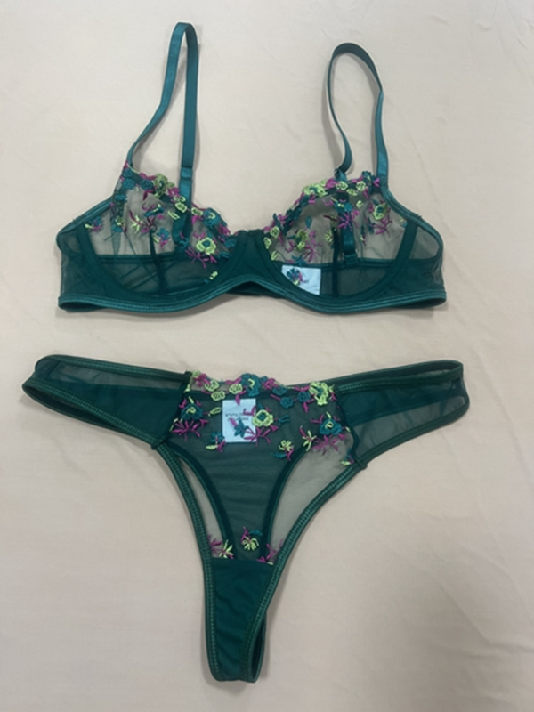 Lingerie Set- Sheer Embroidered Lace Bra and Thong Set for Intimate Love Celebrations- Green black jasper- Pekosa Women Clothing