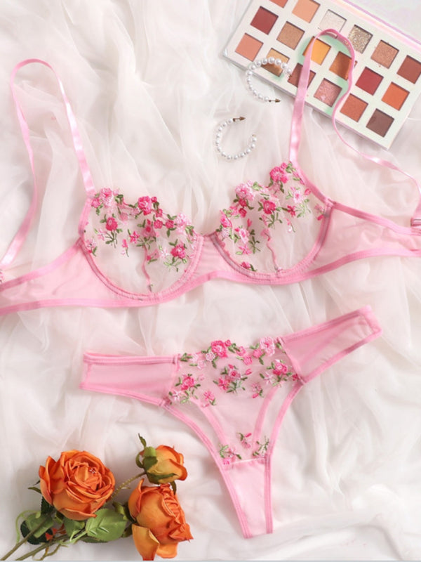 Lingerie Set- Sheer Embroidered Lace Bra and Thong Set for Intimate Love Celebrations- - Pekosa Women Clothing