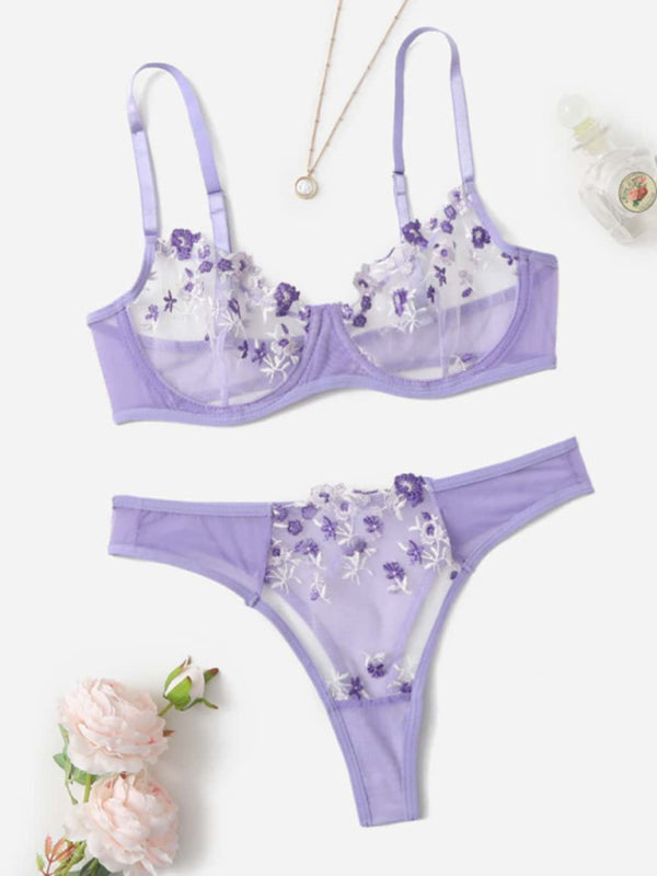 Lingerie Set- Sheer Embroidered Lace Bra and Thong Set for Intimate Love Celebrations- - Pekosa Women Clothing