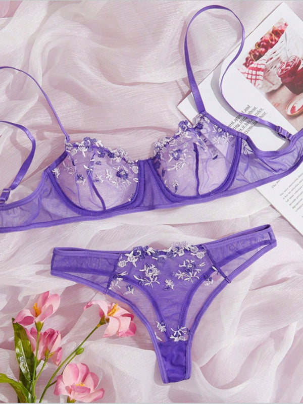 Lingerie Set- Sheer Embroidered Lace Bra and Thong Set for Intimate Love Celebrations- - Pekosa Women Clothing