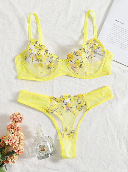 Lingerie Set- Sheer Embroidered Lace Bra and Thong Set for Intimate Love Celebrations- Yellow- Pekosa Women Clothing