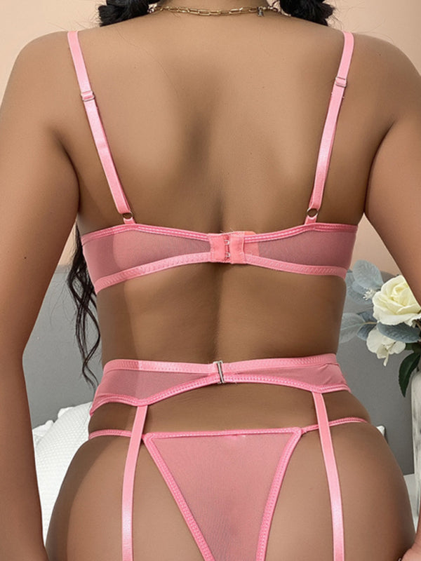 Lingerie- Sheer Lace Lingerie Matching Bra, Thong Panty, and Garter Belt- - Pekosa Women Clothing