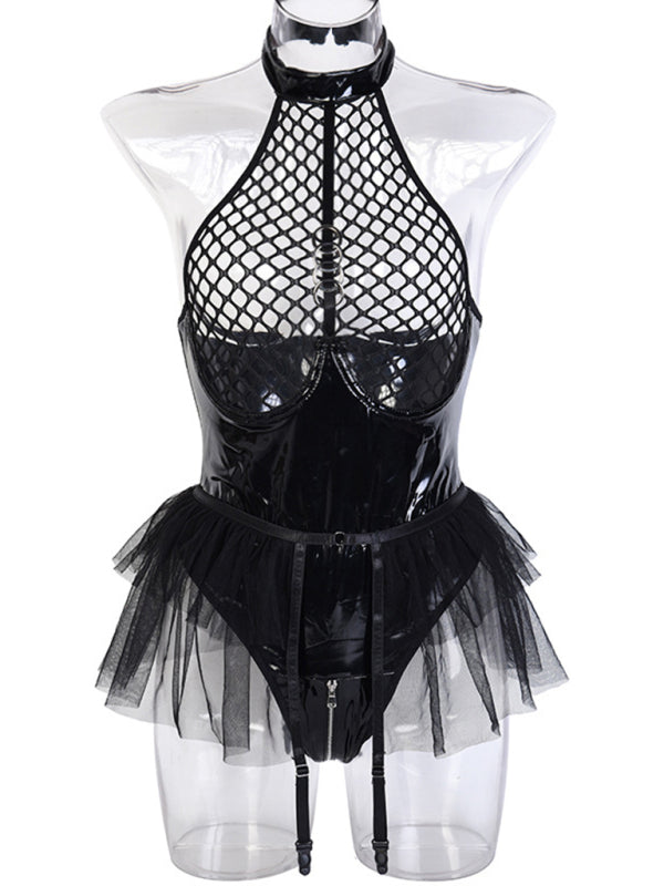 Lingerie- Tulle Lingerie Mesh Faux Leather Teddy Bodysuit with Garter Belt- - Pekosa Women Clothing