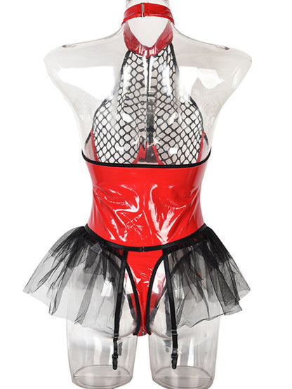 Lingerie- Tulle Lingerie Mesh Faux Leather Teddy Bodysuit with Garter Belt- Red- Pekosa Women Clothing