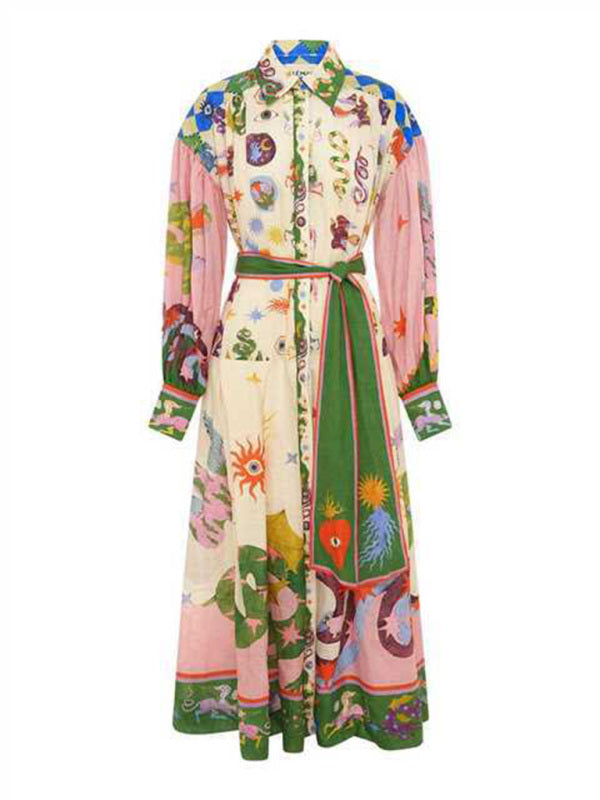 Long Dresses- Colorful Print Lantern Sleeve Long Shirt Dress- - Pekosa Women Clothing