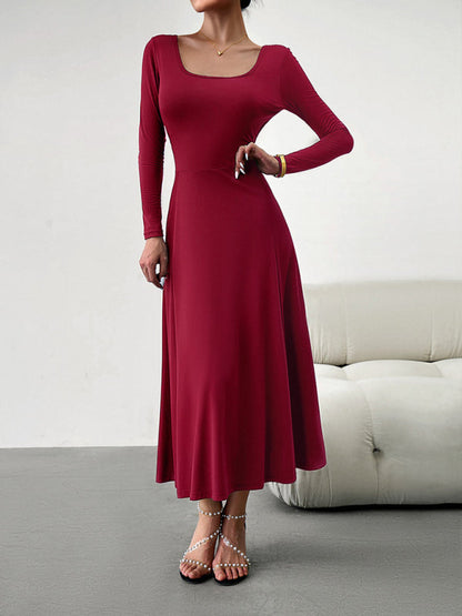 Long Dresses- Elegant Fall-Winter A-Line Maxi Dress with Lace-Up Waist- - Pekosa Women Clothing