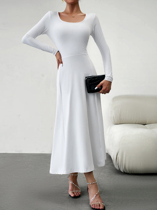 Long Dresses- Elegant Fall-Winter A-Line Maxi Dress with Lace-Up Waist- White- Pekosa Women Clothing