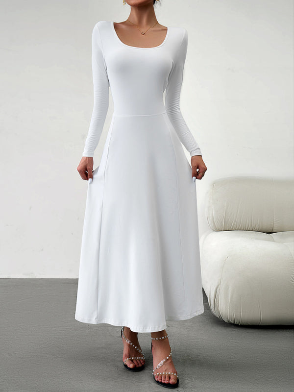 Long Dresses- Elegant Fall-Winter A-Line Maxi Dress with Lace-Up Waist- - Pekosa Women Clothing