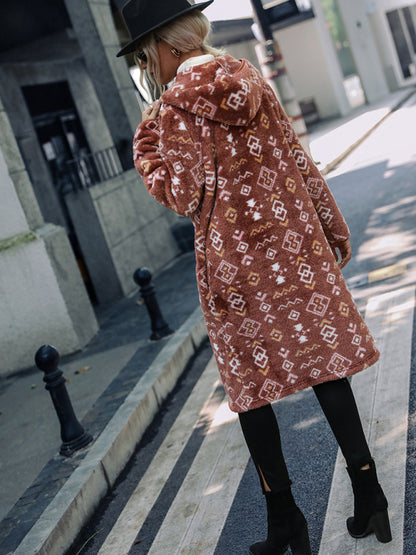 Long Jackets- Cozy Outerwear Geo Fuzzy Fleece Hoodie Longline Jacket- - Pekosa Women Clothing