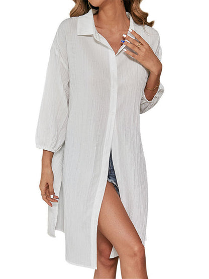 Long Shirts- Textured Oversized Shirt with Lantern Sleeves- - Pekosa Women Clothing