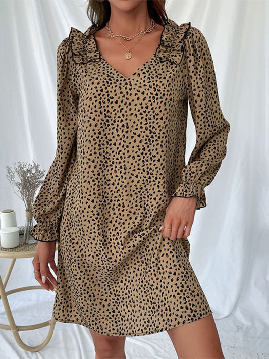 Loose Dresses- Leopard Print V Neck Long Sleeve Tunic Dress- Khaki- Pekosa Women Clothing