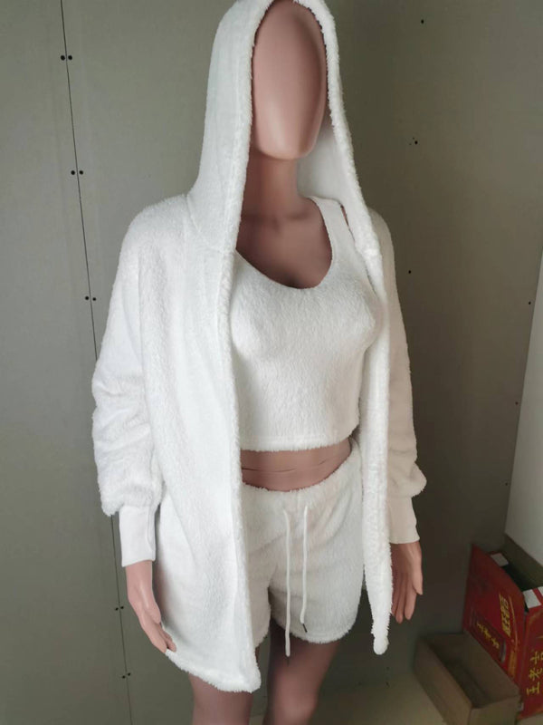 Lounge Outfit- Fluffy Lounge Outfit Plush Hoodie + Crop Tank Top + Shorts- White- Pekosa Women Clothing