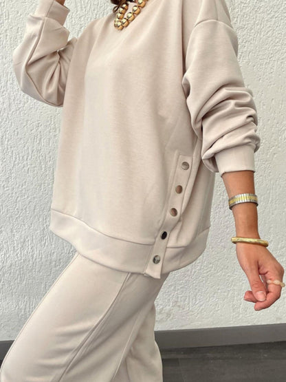 Lounge Outfit- Lounge Pair Side Button Sweatshirt and weatpants- White- Pekosa Women Clothing