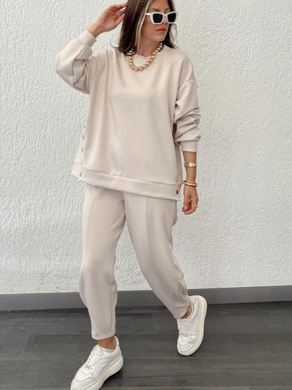 Lounge Outfit- Lounge Pair Side Button Sweatshirt and weatpants- - Pekosa Women Clothing