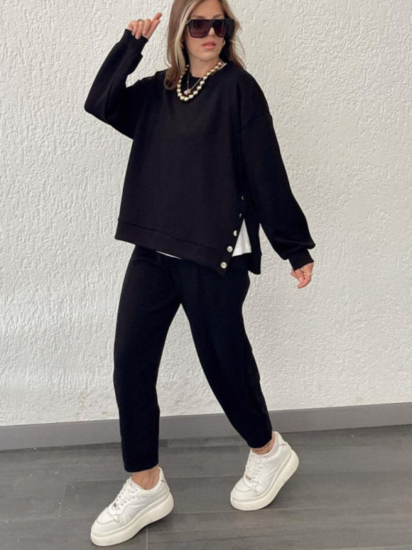 Lounge Outfit- Lounge Pair Side Button Sweatshirt and weatpants- Black- Pekosa Women Clothing