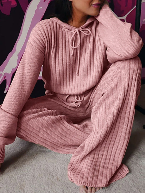 Lounge Outfit- Loungewear Cotton Hoodie Sweater and Pants Set- Pink- Pekosa Women Clothing