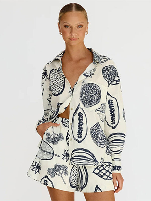 Lounge Outfits- Lounge Wear Leaf Print 2 Piece Set - Shorts & Long Sleeves Shirt- White- Pekosa Women Clothing