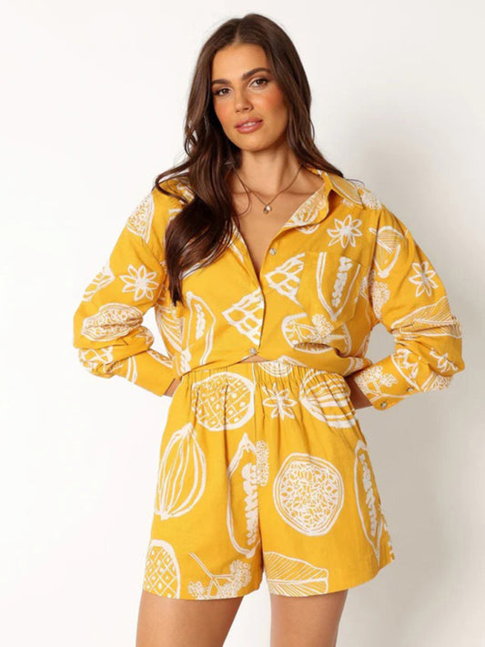 Lounge Outfits- Lounge Wear Leaf Print 2 Piece Set - Shorts & Long Sleeves Shirt- Yellow- Pekosa Women Clothing