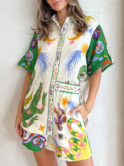 Lounge Set- Graphic Print Cotton-linen Hawaii Shirt + Shorts Suit- - Pekosa Women Clothing