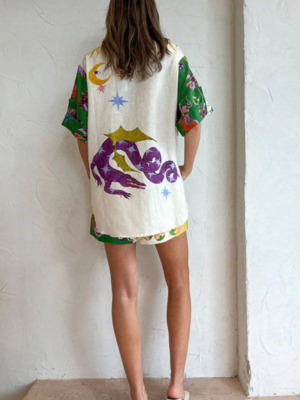 Lounge Set- Graphic Print Cotton-linen Hawaii Shirt + Shorts Suit- - Pekosa Women Clothing