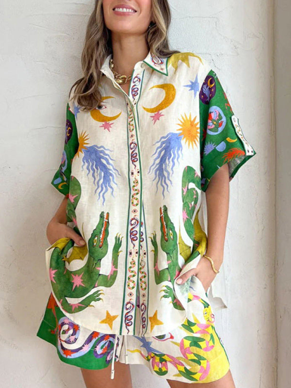 Lounge Set- Graphic Print Cotton-linen Hawaii Shirt + Shorts Suit- Green- Pekosa Women Clothing