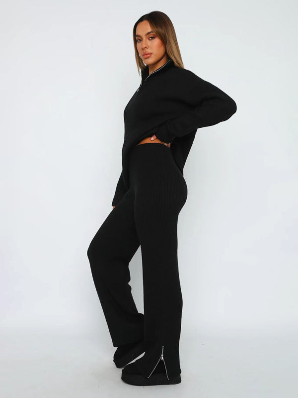 Lounge Set- Laid-Back Luxury: Zip-Up Sweater and Slit Side Lounge Pants- - Pekosa Women Clothing