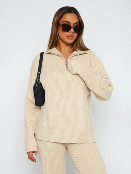 Lounge Set- Laid-Back Luxury: Zip-Up Sweater and Slit Side Lounge Pants- - Pekosa Women Clothing