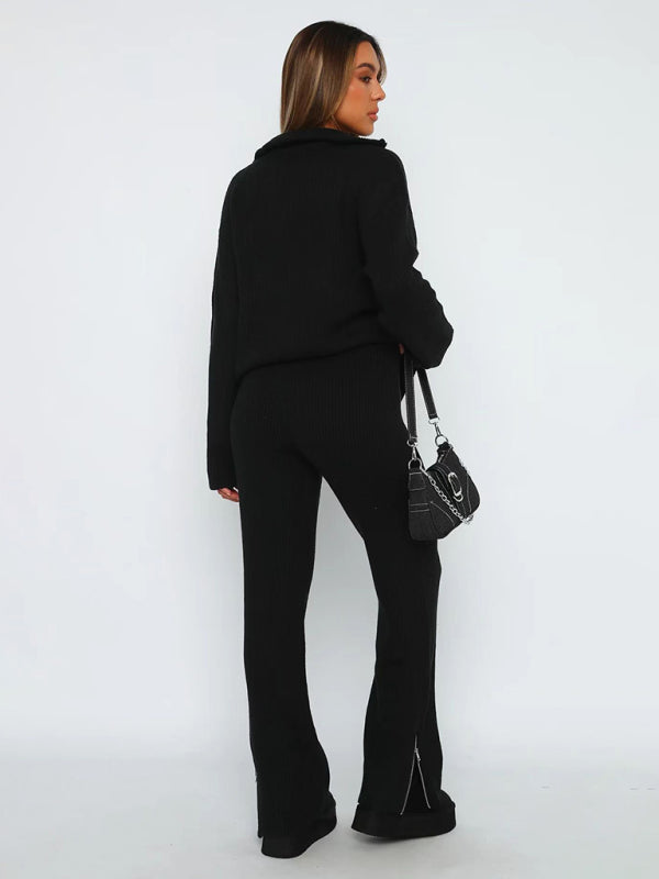 Lounge Set- Laid-Back Luxury: Zip-Up Sweater and Slit Side Lounge Pants- - Pekosa Women Clothing