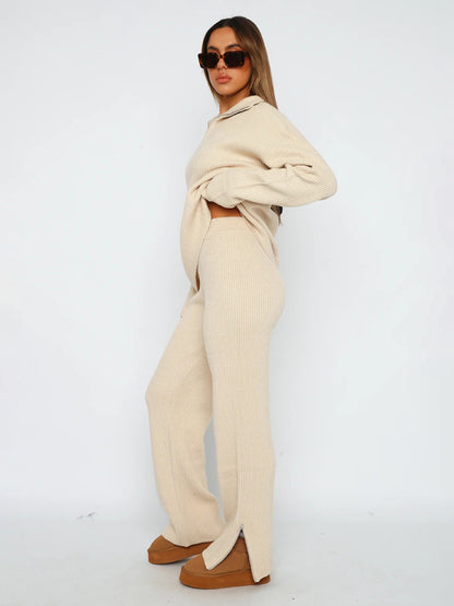 Lounge Set- Laid-Back Luxury: Zip-Up Sweater and Slit Side Lounge Pants- - Pekosa Women Clothing