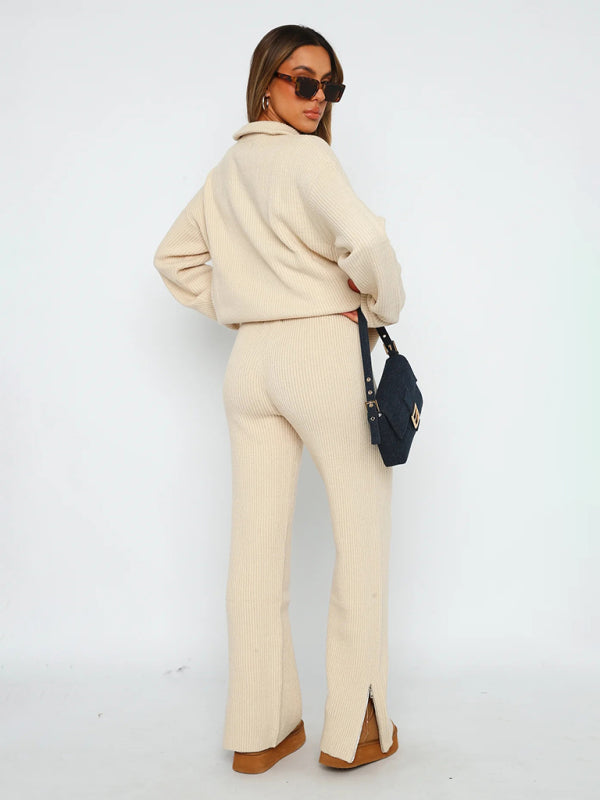 Lounge Set- Laid-Back Luxury: Zip-Up Sweater and Slit Side Lounge Pants- - Pekosa Women Clothing