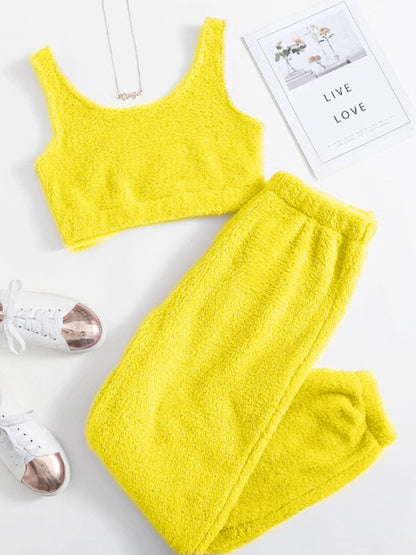 Lounge Set- Plush Lounge Outfit Fluffy Crop Tank Top + Pants- Yellow- Pekosa Women Clothing