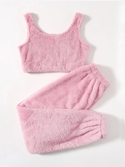 Lounge Set- Plush Lounge Outfit Fluffy Crop Tank Top + Pants- Pink- Pekosa Women Clothing