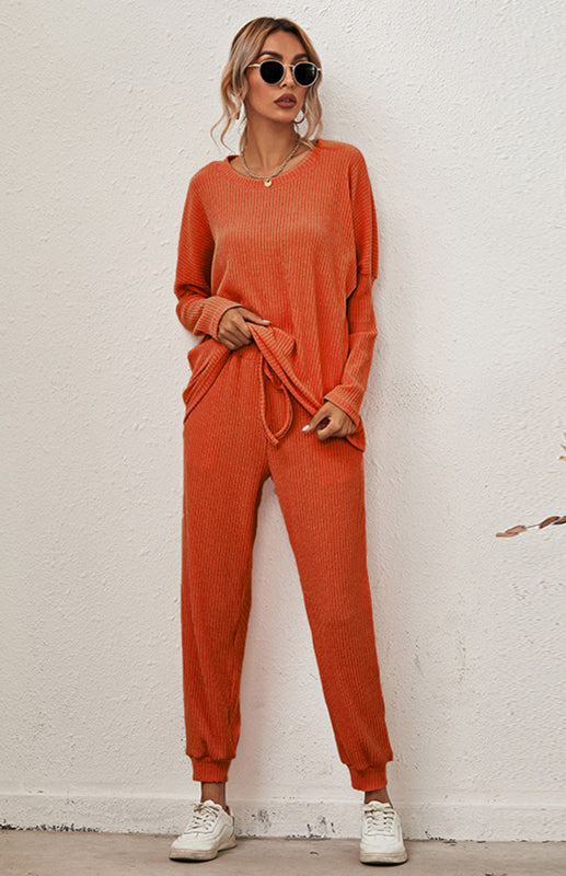 Lounge Set- Ribbed Loungewear Set Pants + Crew Neck Long Sleeve Sweater- - Pekosa Women Clothing