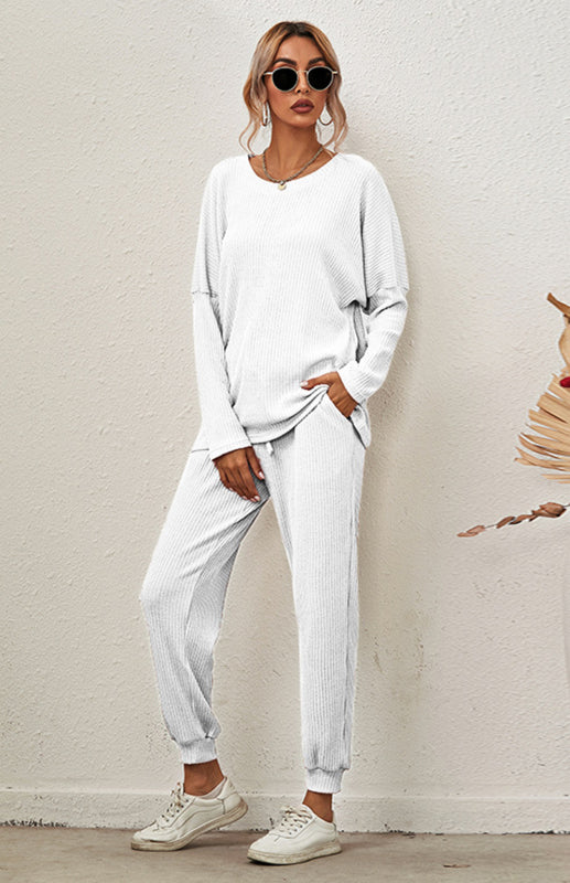 Lounge Set- Ribbed Loungewear Set Pants + Crew Neck Long Sleeve Sweater- Raw white off white- Pekosa Women Clothing