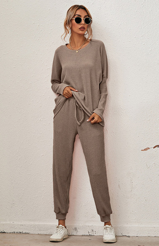 Lounge Set- Ribbed Loungewear Set Pants + Crew Neck Long Sleeve Sweater- Coffee- Pekosa Women Clothing