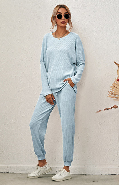 Lounge Set- Ribbed Loungewear Set Pants + Crew Neck Long Sleeve Sweater- - Pekosa Women Clothing