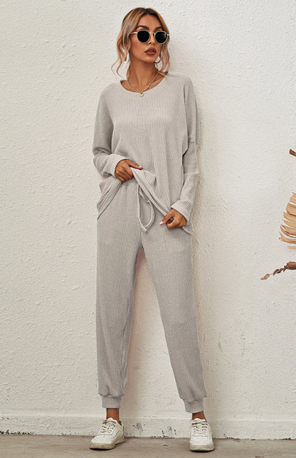 Lounge Set- Ribbed Loungewear Set Pants + Crew Neck Long Sleeve Sweater- Grey- Pekosa Women Clothing