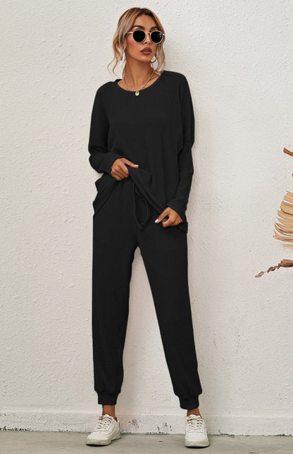 Lounge Set- Ribbed Loungewear Set Pants + Crew Neck Long Sleeve Sweater- Black- Pekosa Women Clothing