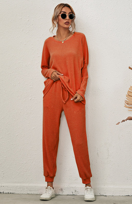 Lounge Set- Ribbed Loungewear Set Pants + Crew Neck Long Sleeve Sweater- - Pekosa Women Clothing