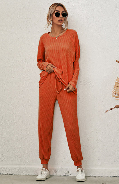 Lounge Set- Ribbed Loungewear Set Pants + Crew Neck Long Sleeve Sweater- - Pekosa Women Clothing