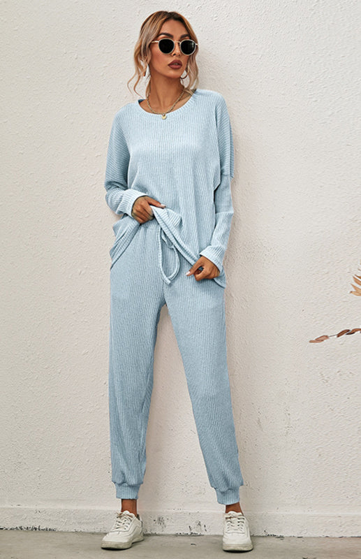 Lounge Set- Ribbed Loungewear Set Pants + Crew Neck Long Sleeve Sweater- - Pekosa Women Clothing