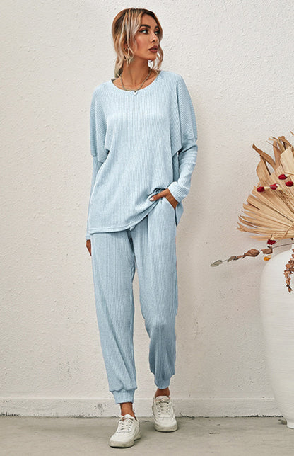 Lounge Set- Ribbed Loungewear Set Pants + Crew Neck Long Sleeve Sweater- - Pekosa Women Clothing