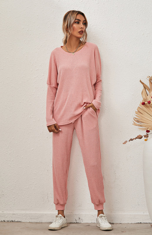 Lounge Set- Ribbed Loungewear Set Pants + Crew Neck Long Sleeve Sweater- - Pekosa Women Clothing