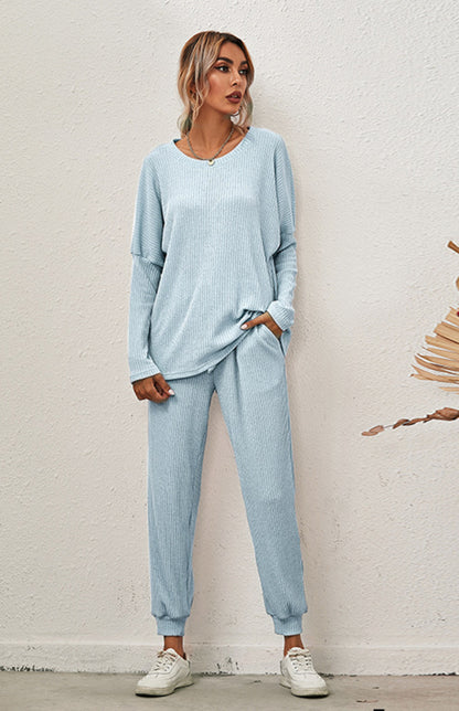 Lounge Set- Ribbed Loungewear Set Pants + Crew Neck Long Sleeve Sweater- Sky blue azure- Pekosa Women Clothing