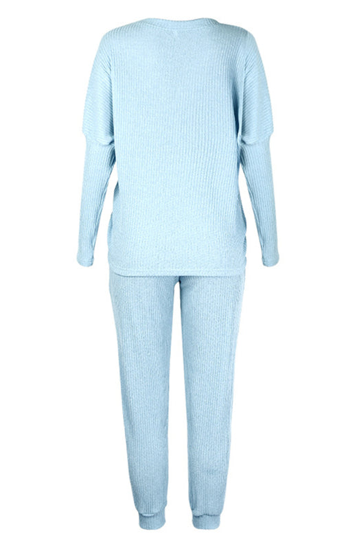 Lounge Set- Ribbed Loungewear Set Pants + Crew Neck Long Sleeve Sweater- - Pekosa Women Clothing