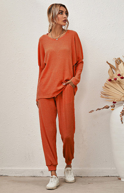 Lounge Set- Ribbed Loungewear Set Pants + Crew Neck Long Sleeve Sweater- - Pekosa Women Clothing