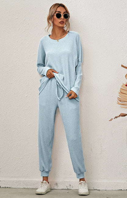 Lounge Set- Ribbed Loungewear Set Pants + Crew Neck Long Sleeve Sweater- - Pekosa Women Clothing